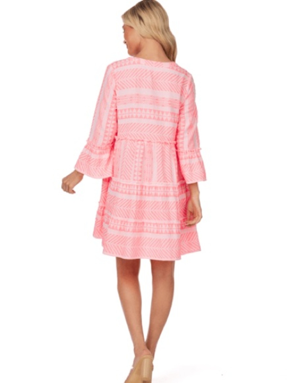 Mud Pie Renee Hot Pink Yarn Dye Tiered V-Neck Mini Dress S - Picture 4 of 14